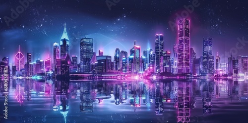 The skyline of the futuristic city glows under the bright night sky. where neon lights and towering skyscrapers create amazing cityscapes.