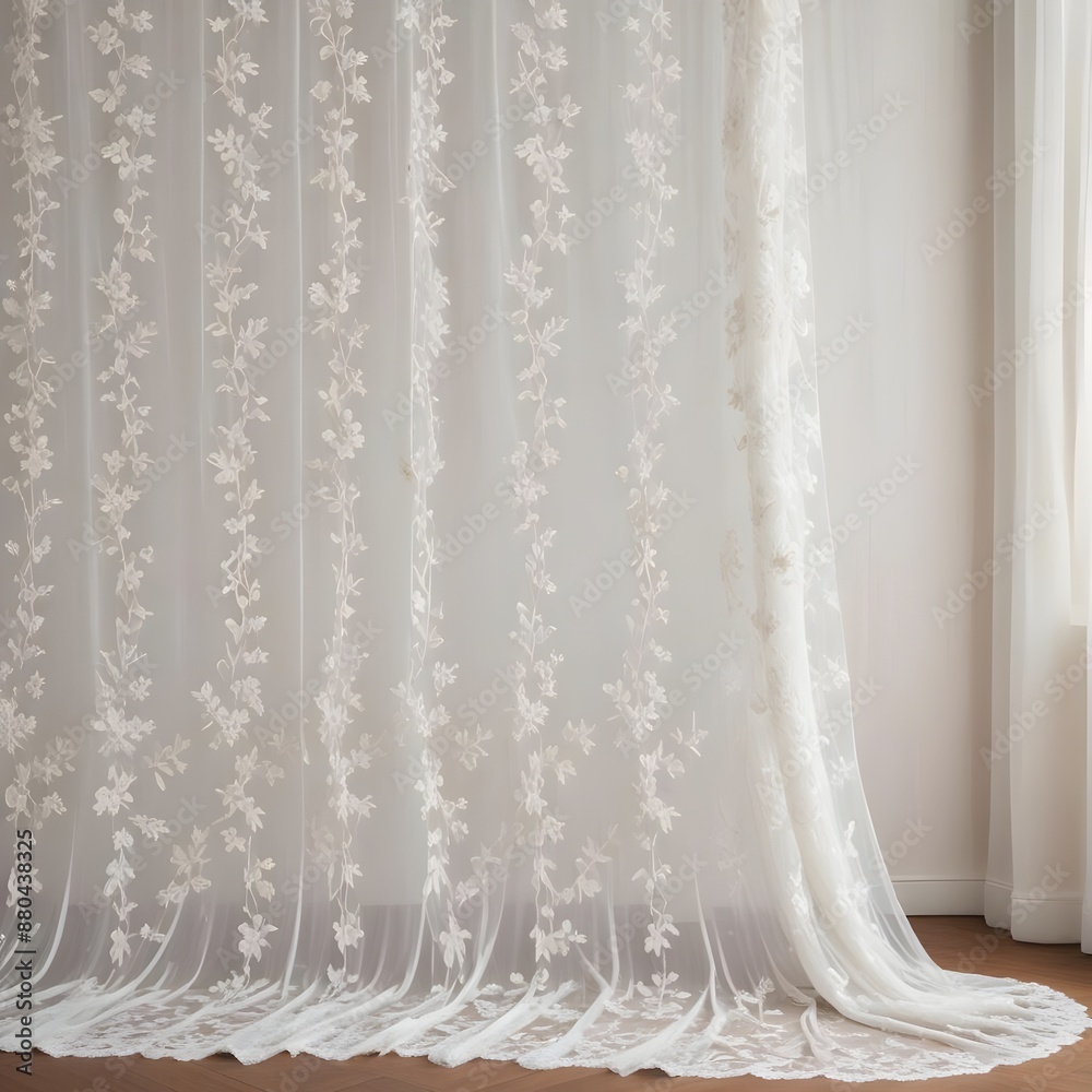 White lace curtain with intricate floral embroidery and sheer, gossamer-like qualities White lace curtain with intricate floral embroidery and sheer, gossamer-like qualities