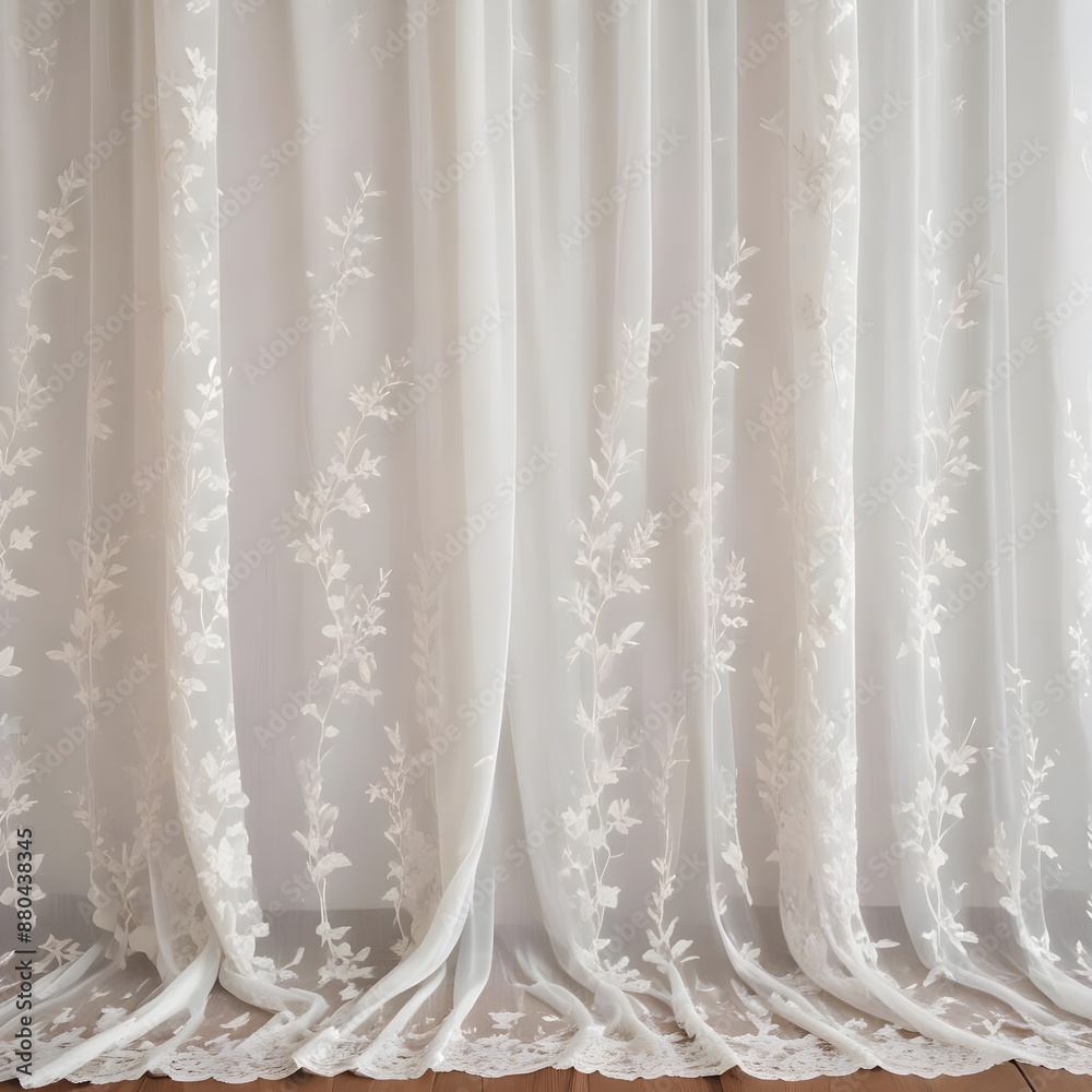 White lace curtain with intricate floral embroidery and sheer, gossamer-like qualities White lace curtain with intricate floral embroidery and sheer, gossamer-like qualities