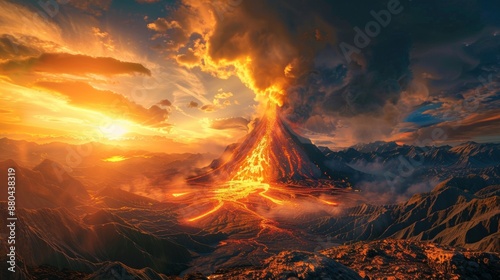 A fiery volcano erupts amid a tranquil mountain landscape at sunset.