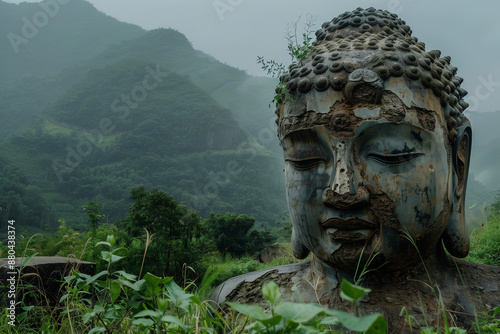 buddha statue in the temple in a forrest in the moutains photo