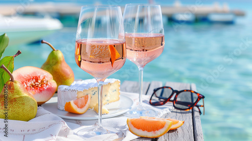 Serene Outdoor Dining with Rose Wine by the Waterside. Refreshing Fruits and Cheese Platter for a Sunny Day Getaway photo