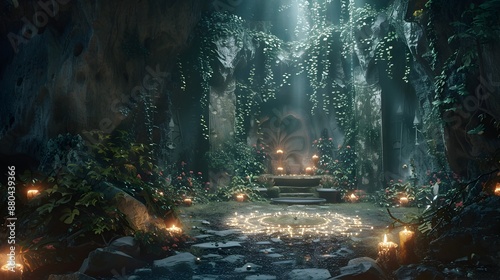 Mystical Oracle s Cave with Glowing Digital Flora and Prophecies photo