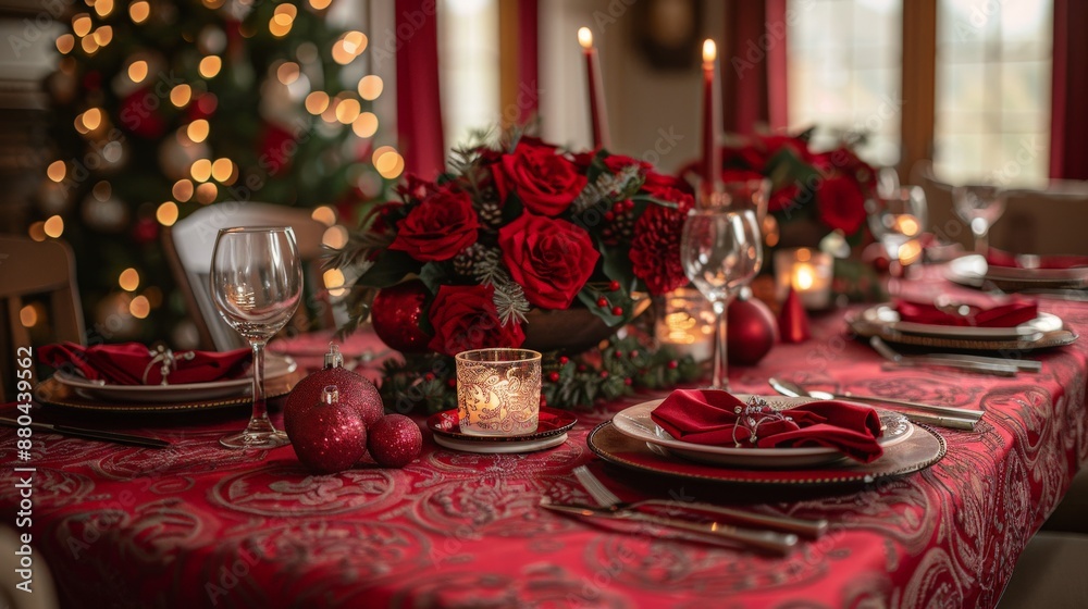 A bright, cozy dining room with a blend of traditional and modern festive design, captured in a photorealistic style, centered around a beautifully set Christmas table. 