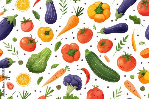 Colorful illustration of various vegetables on a white background.