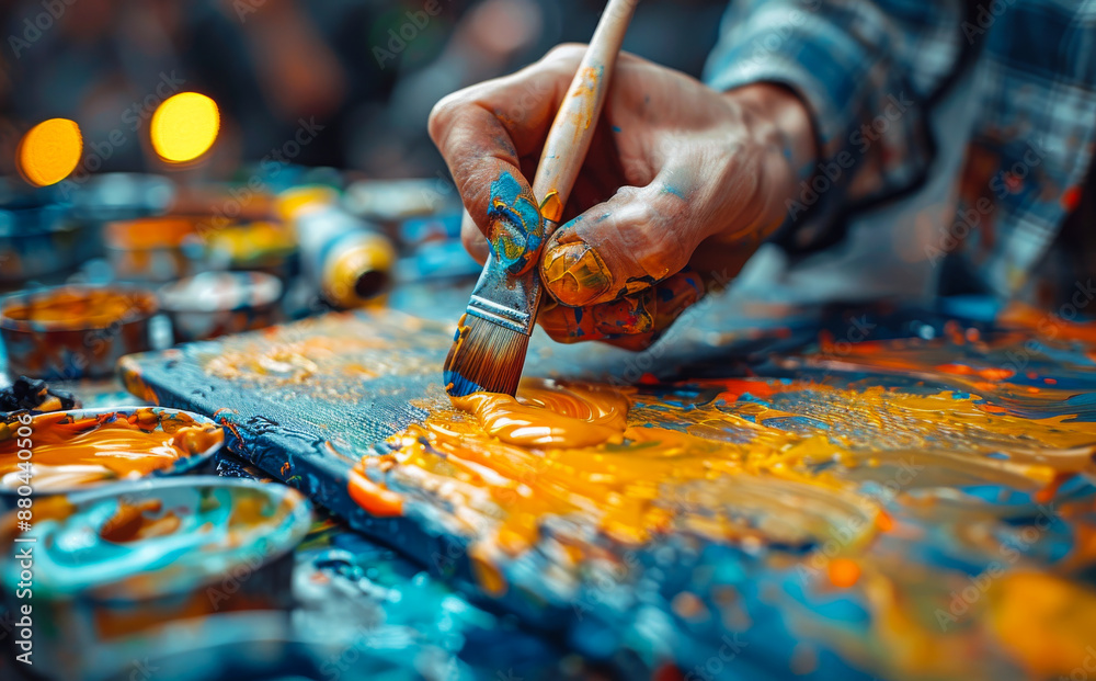 Artist Painting With Brush and Yellow Paint. A close-up of an artist's hand painting with a brush, applying yellow paint to a canvas. Artist Painting With Brush and Yellow Paint. A close-up of an artist's hand painting with a brush, applying yellow paint to a canvas.