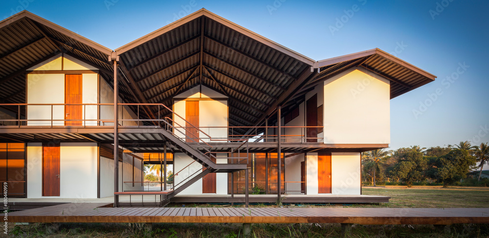 Obraz premium Modern tropical gable roof house with blue sky and morning light 