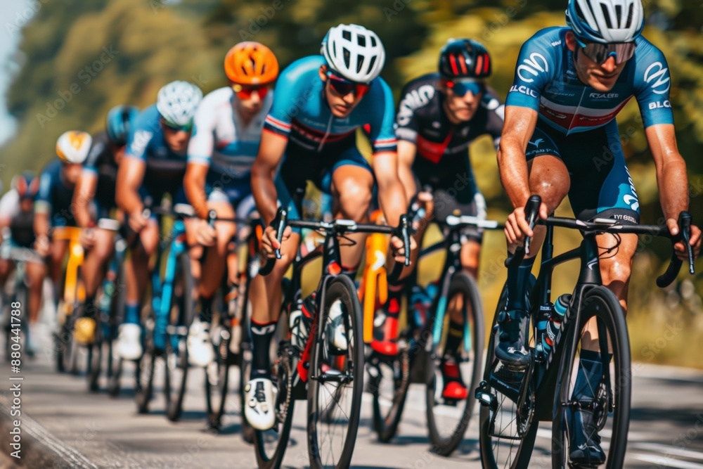 Fototapeta premium Cyclists racing in a group during a competitive cycling event.