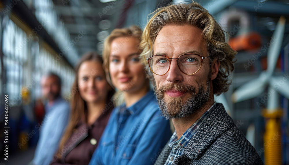 Man With Glasses Smiles at Camera in Industrial Setting. A man with glasses and a beard smiles at the camera while standing with colleagues in an industrial setting. Man With Glasses Smiles at Camera in Industrial Setting. A man with glasses and a beard smiles at the camera while standing with colleagues in an industrial setting.