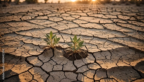 Concetto di cambiamento climatico e desertificazione, riscaldamento globale, resilienza di giovane piantina che cresce in un suolo secco ed arido photo