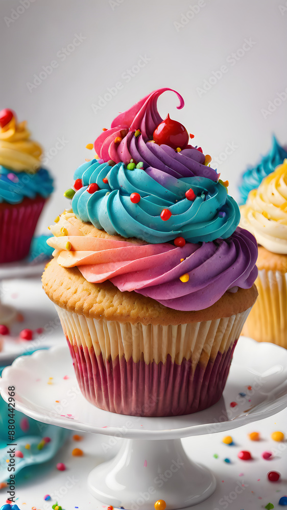 Capture an enticing image of a colorful cupcake on a clean white background. Capture an enticing image of a colorful cupcake on a clean white background.