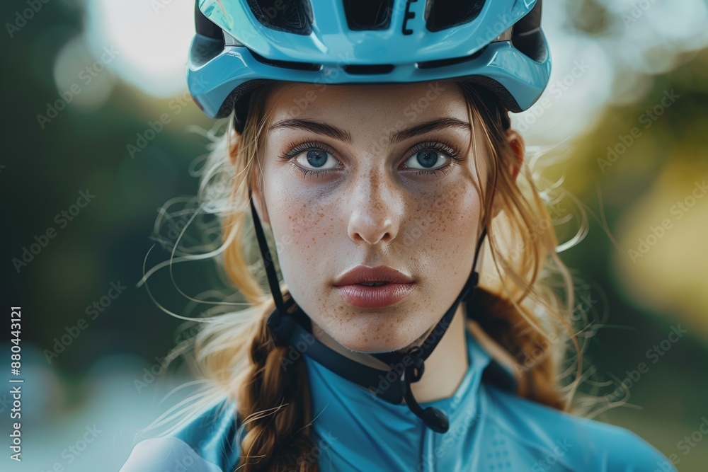 Close-up portrait of a young woman with freckles wearing a cycling helmet and blue jersey.
