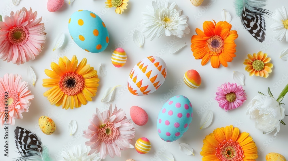 Easter themed flat lay of colorful painted eggs feathers and flowers on white background Easter themed flat lay of colorful painted eggs feathers and flowers on white background