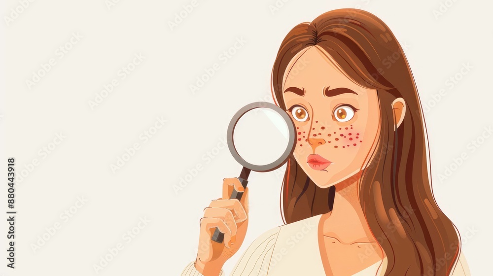Illustration of woman examining face with magnifying glass, focusing on skin imperfections and acne for skincare concept. Illustration of woman examining face with magnifying glass, focusing on skin imperfections and acne for skincare concept.