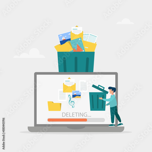 Delete concept. The character deletes data on the laptop and moves unnecessary files to the trash. Cleaning digital memory. Vector illustration.	