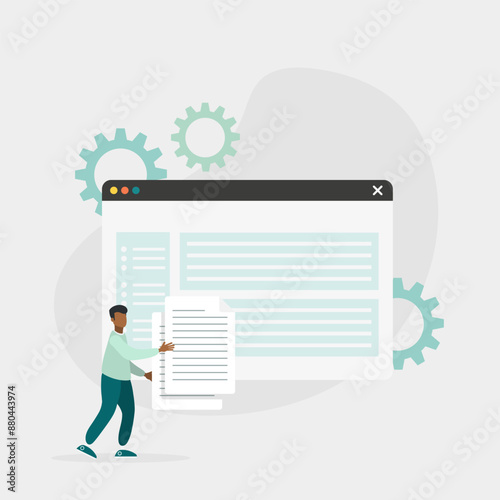 Cyberspace management concept. A person interacts with a storage system and manages digital files, documents and data. Vector illustration.	
