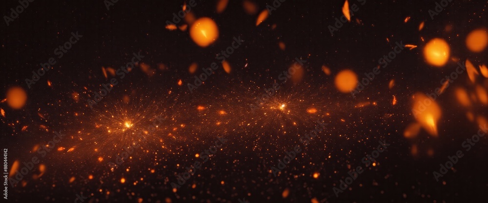 Fototapeta premium Fire embers particles over Orange background, Abstract dark glitter fire particles lights