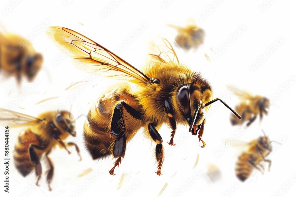 Detailed illustration of bumblebees flying and collecting pollen. Detailed illustration of bumblebees flying and collecting pollen.