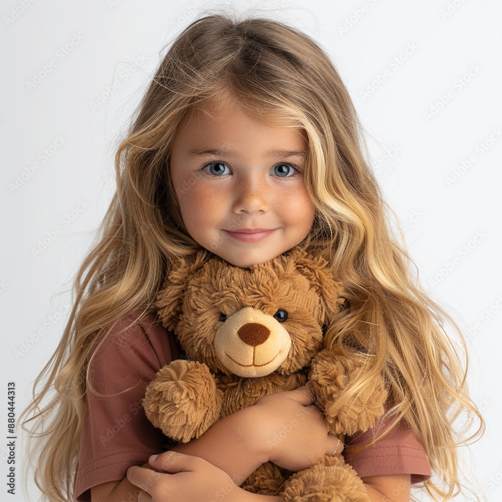 Happy child hugging teddy bear on white background caucasian little girl of 5-6 years in red looking at camera. Made with generative ai Happy child hugging teddy bear on white background caucasian little girl of 5-6 years in red looking at camera. Made with generative ai