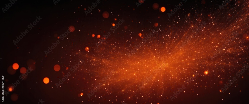 Fototapeta premium Fire embers particles over Orange background, Abstract dark glitter fire particles lights