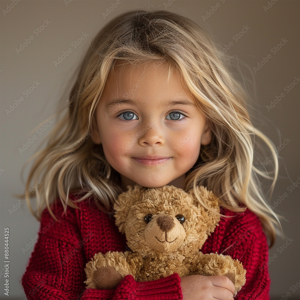 Happy child hugging teddy bear on white background caucasian little girl of 5-6 years in red looking at camera. Made with generative ai Happy child hugging teddy bear on white background caucasian little girl of 5-6 years in red looking at camera. Made with generative ai