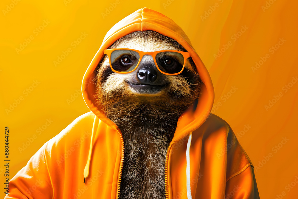 Fototapeta premium generative ai illustration of cool sloth in an orange hoodie and trendy sunglasses poses confidently against a bright yellow background