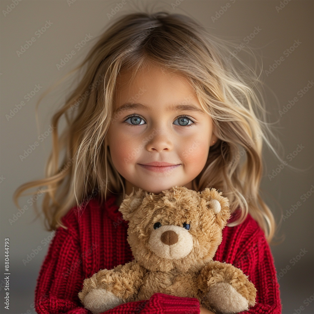Happy child hugging teddy bear on white background caucasian little girl of 5-6 years in red looking at camera. Made with generative ai Happy child hugging teddy bear on white background caucasian little girl of 5-6 years in red looking at camera. Made with generative ai