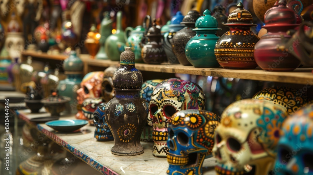 Naklejka premium Handcrafted Ceramics and Decorative Skulls in Market