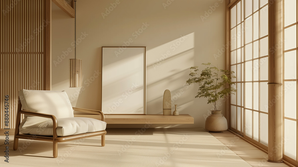 Fototapeta premium A refined Japanese style modern living room with sliding doors and a hanging mockup picture frame on a wall background, featuring elegant simplicity and modern decor. Ai generated