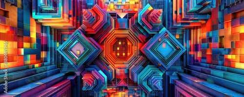 Abstract geometric 3D sculpture, vibrant colors, intricate patterns, futuristic style, digital rendering