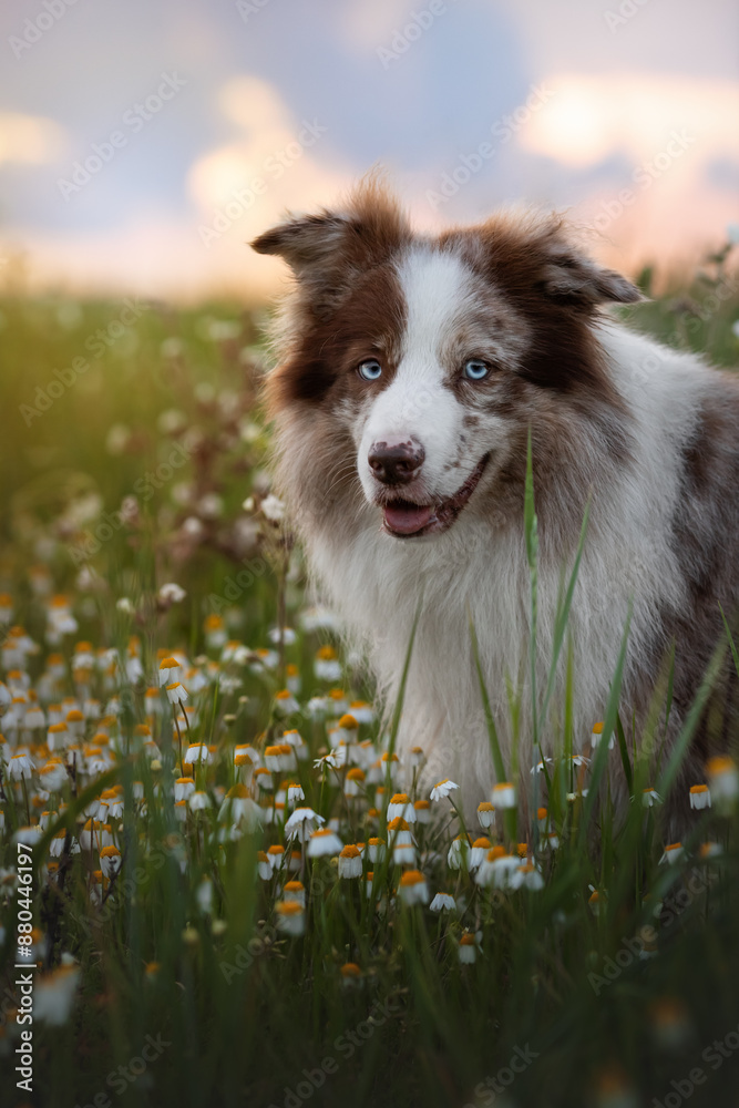 border collie dog with blue eyes portrain in the sunset field with blossom chamomiles