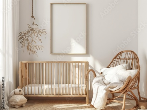 Cozy Nursery Interior with Rattan Rocking Chair