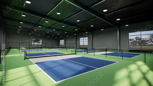 An indoor pickleball court with a blue and white surface.