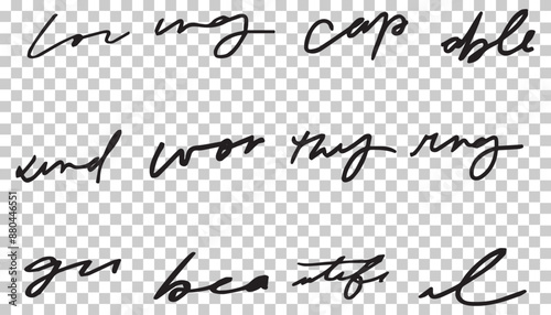 Handwritten Unreadable text. Abstract illegible handwriting of fictional language. Black old vintage text written with pen. Incomprehensible letters Pro Vector.