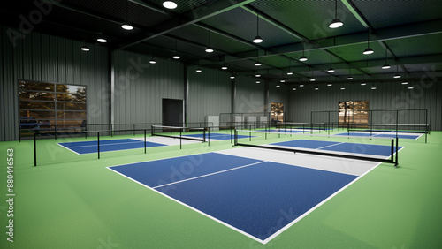 Obraz na plátne A blue and white indoor pickleball tennis court.