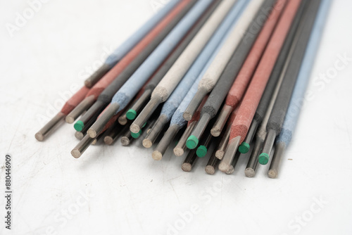 Close-Up of Various Colorful Welding Rods and Electrodes, Industrial Tools for Metalworking, Welding Materials, Steel Rods, Stick Welding, and Metal Fabrication Supplies. 