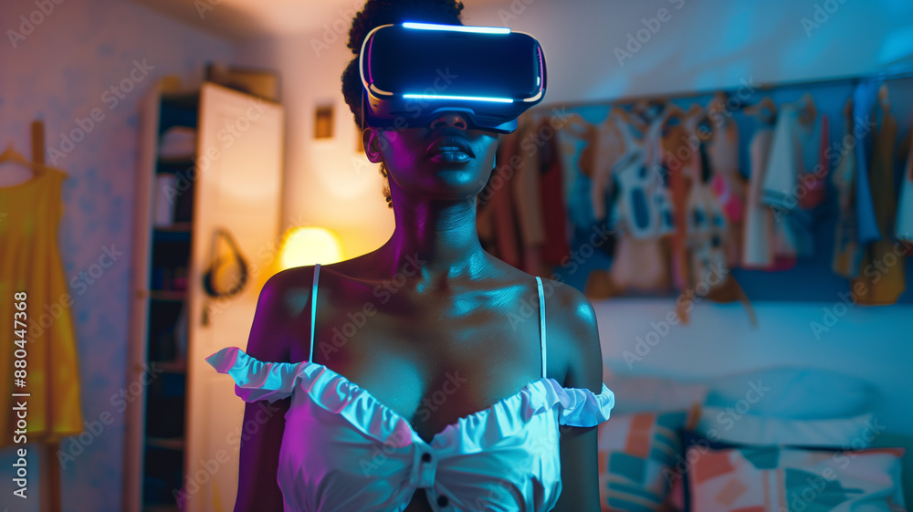 Fototapeta premium Young Black woman immersed in virtual reality shopping, smiling as she selects fashionable dresses, well-lit room. Ai generated