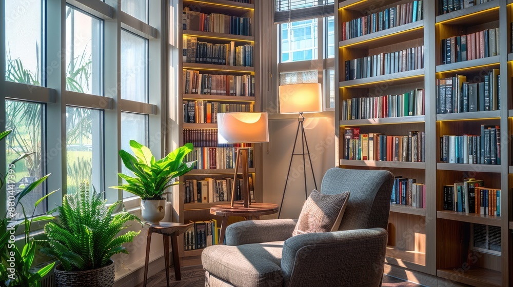 A cozy reading nook with a comfortable armchair, a small side table, a floor lamp, and built-in bookshelves filled with a variety of books, next to a large window. A cozy reading nook with a comfortable armchair, a small side table, a floor lamp, and built-in bookshelves filled with a variety of books, next to a large window.
