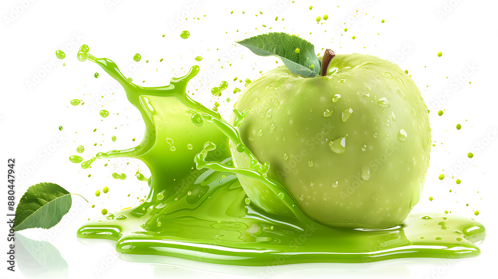 Fototapeta premium Green Apple with juice splash isolated on white background