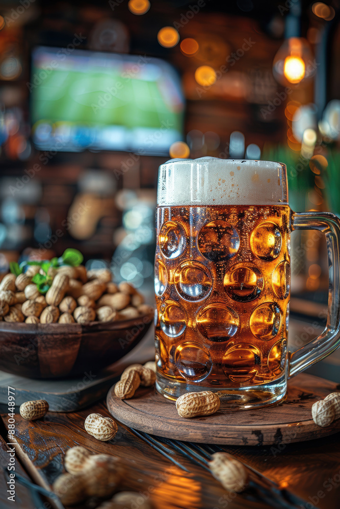 Beer Mug and Peanuts in Pub with Soccer on TV Beer Mug and Peanuts in Pub with Soccer on TV