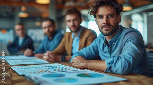 Strategic Planning: A group of business professionals gathered around a table, discussing strategies with charts and graphs, symbolizing planning and foresight