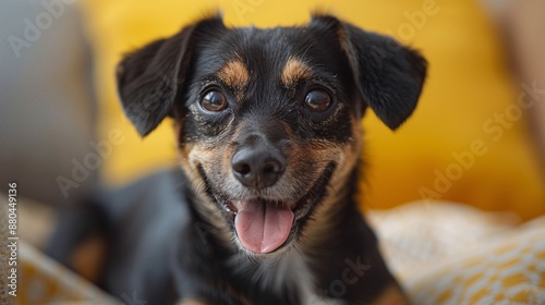 A cheerful canine with a joyful expression on a solid yellow backdrop.