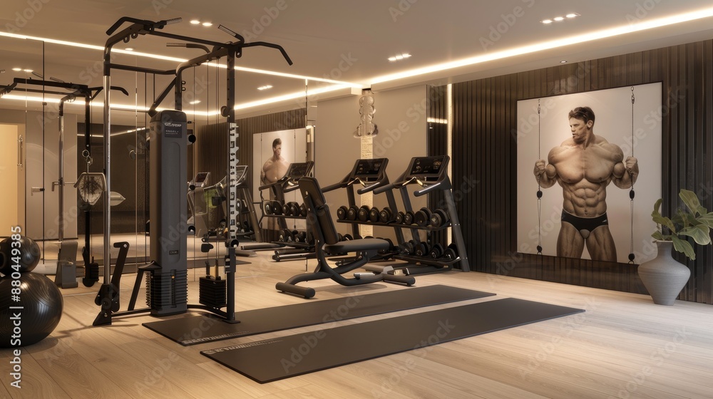A luxurious home gym with modern exercise equipment, a large wall mirror, a rubber floor mat, and motivational wall art, designed for an inspiring workout space. A luxurious home gym with modern exercise equipment, a large wall mirror, a rubber floor mat, and motivational wall art, designed for an inspiring workout space.