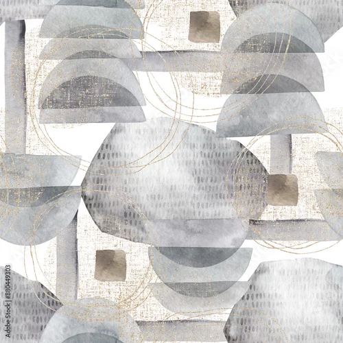 Obraz Abstract  print with golden circles, splash, geometric elements on white background. Watercolor seamless pattern. Hand drawn  illustration. Mixed media art