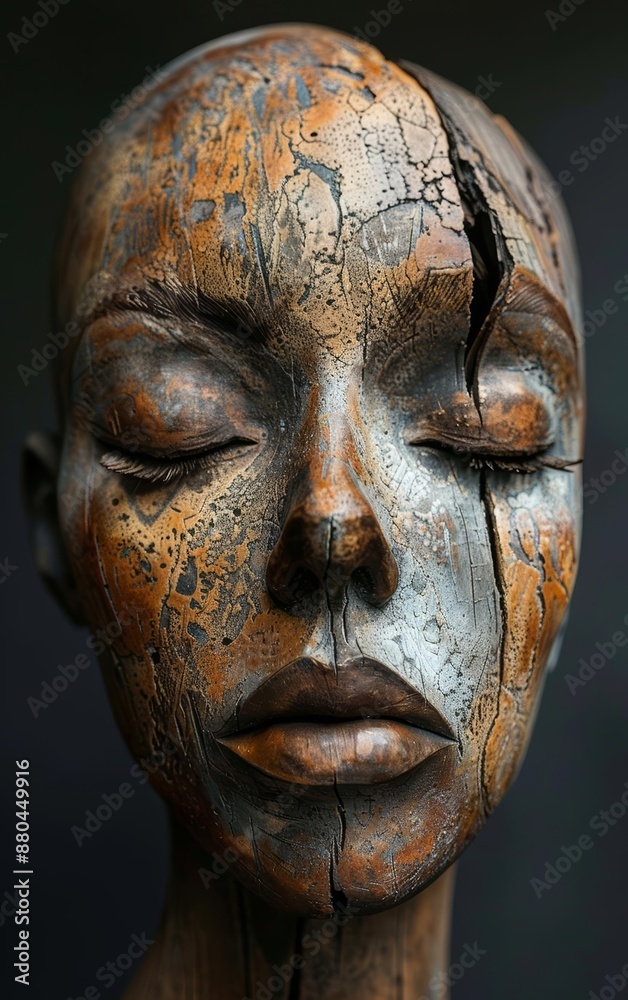 Close-up of a wooden sculpture of a human face with a crack down the middle. Close-up of a wooden sculpture of a human face with a crack down the middle.