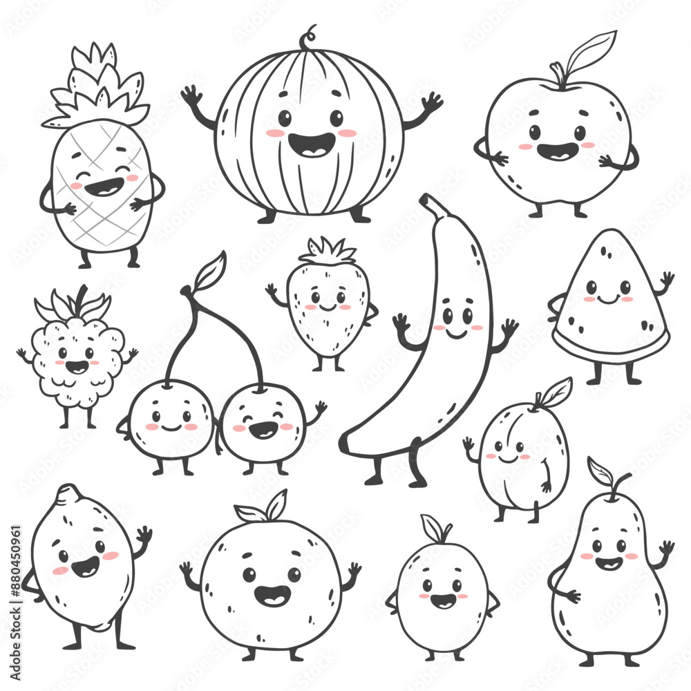 Obraz premium big set of cartoon fruits isolated on white. Funny fruit. Doodle style. Cute food character with arms and legs. Vector illustration