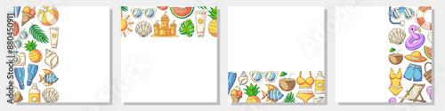 Set of summer colorful square card, painted beach elements, accessories icons. Left, right side, upper, bottom border frame, copy space, isolated on white. For banner, invitation, poster, social media