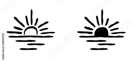 Cartoon drawing half sun or sunlight. Shining rays of light. Sunrise suns. Weather tools. Power, Sun rise line pattern. Sunshine sunset. water, sea surface. Downwards or upwards wave.