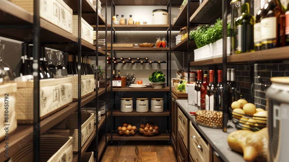 A luxurious walk-in pantry with custom shelving, labeled storage containers, a wine rack, and ample space for organizing groceries and kitchen supplies. A luxurious walk-in pantry with custom shelving, labeled storage containers, a wine rack, and ample space for organizing groceries and kitchen supplies.