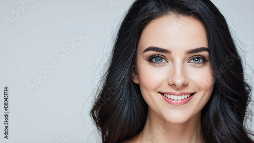 beautiful smiling young woman with long black hair, isolated on grey